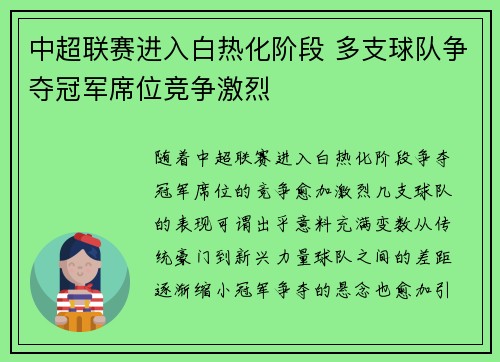 中超联赛进入白热化阶段 多支球队争夺冠军席位竞争激烈